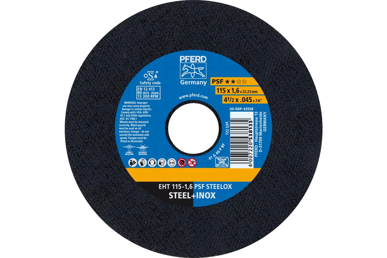 Picture of Pferd Cut-Off Wheel, 4-1/2" X .045 X 7/8, Psf Steelox, T1, Aluminum Oxide